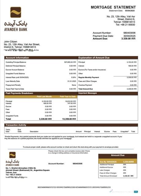 Download Iran Ayandeh Bank mortgage statement Word and PDF template Photoshop template